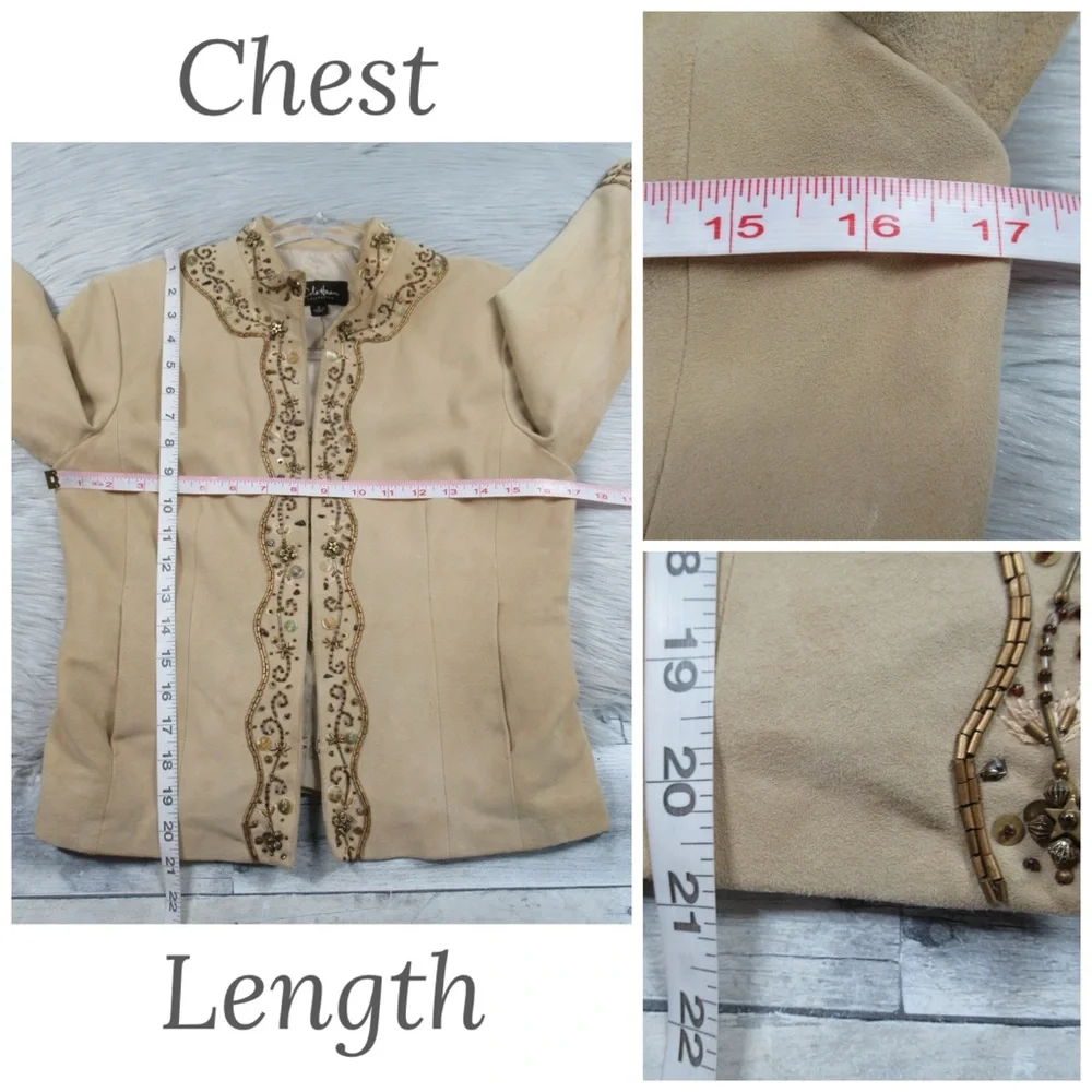 COLE HAAN Tan Suede Beaded Cropped Jacket 3/4 Sleeve Women’s Size Small